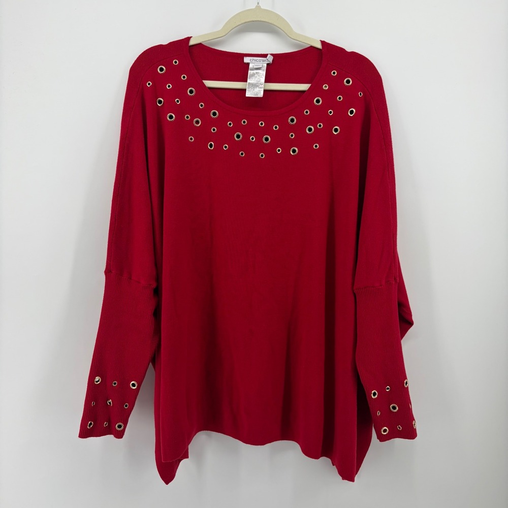 Chico's Womens L/XL Red Sweater Grommet Neckline Dolman Sleeve Pullover